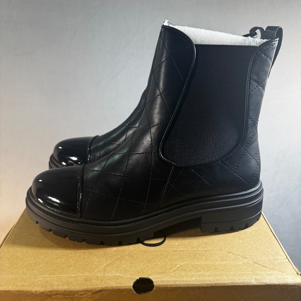 Coutgo Womens Quilted Chelsea Boots Black Patent Cap Toe Lug Sole Size 9 NEW